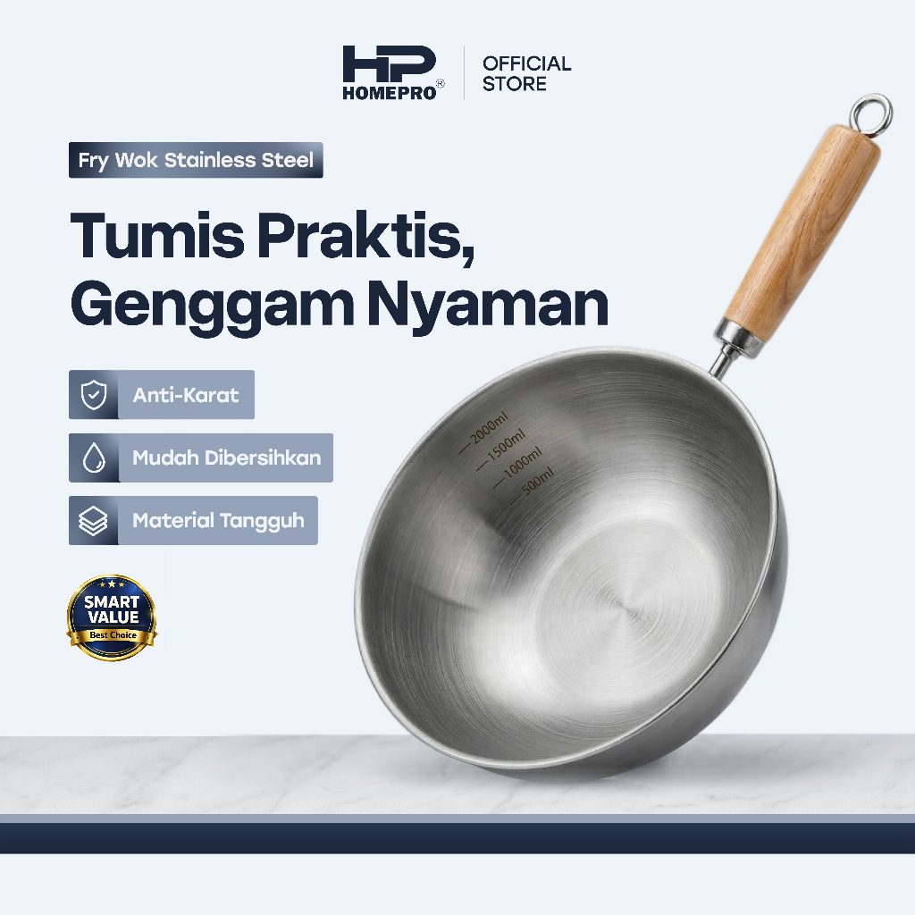 HomePro - Fry Wok Stainless Steel - Wajan Gagang Kayu Tebal Anti Karat