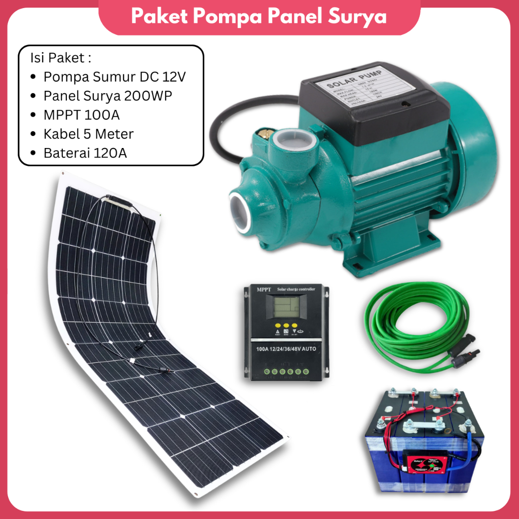 Pompa Air Solar Panel Paket Pompa Sumur Tenaga Matahari DC 12V Pompa Irigasi dan Panel Surya 200 WP