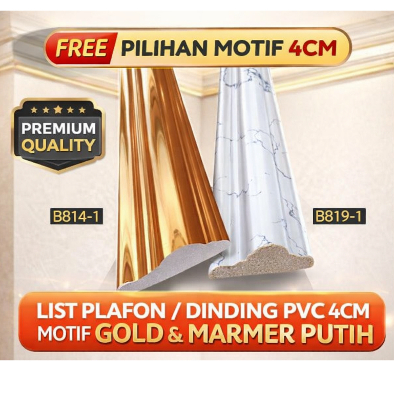 List Plafon PVC / Lis Dinding Premium 4cm – Motif Gold Mirror & Marmer Putih