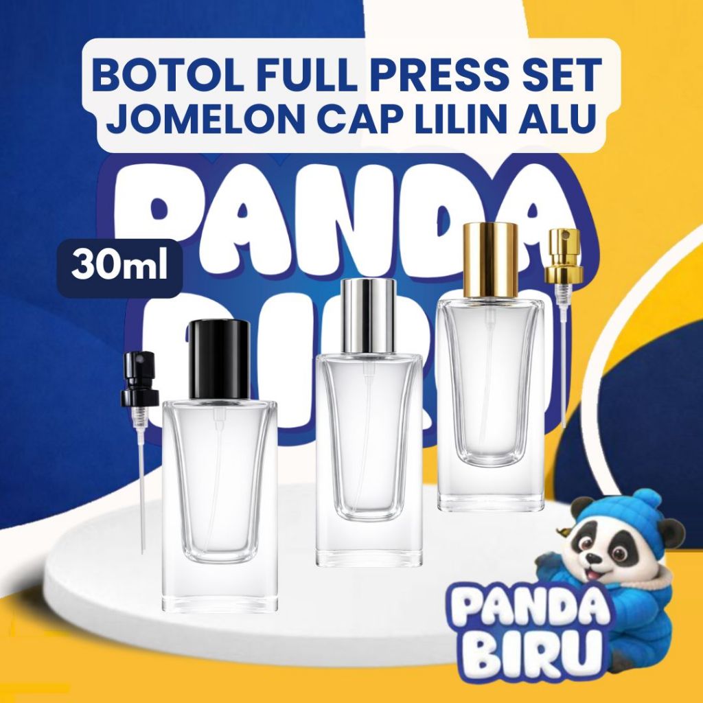 Botol Parfum Full Press Set Jomelon Transparan 30ml Cap Lilin Alu - Botol Minyak Wangi - Panda Biru
