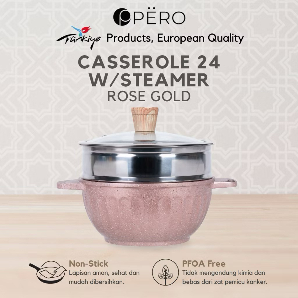 Pero Casserole 24cm with Steamer Rosegold dan Brownstone