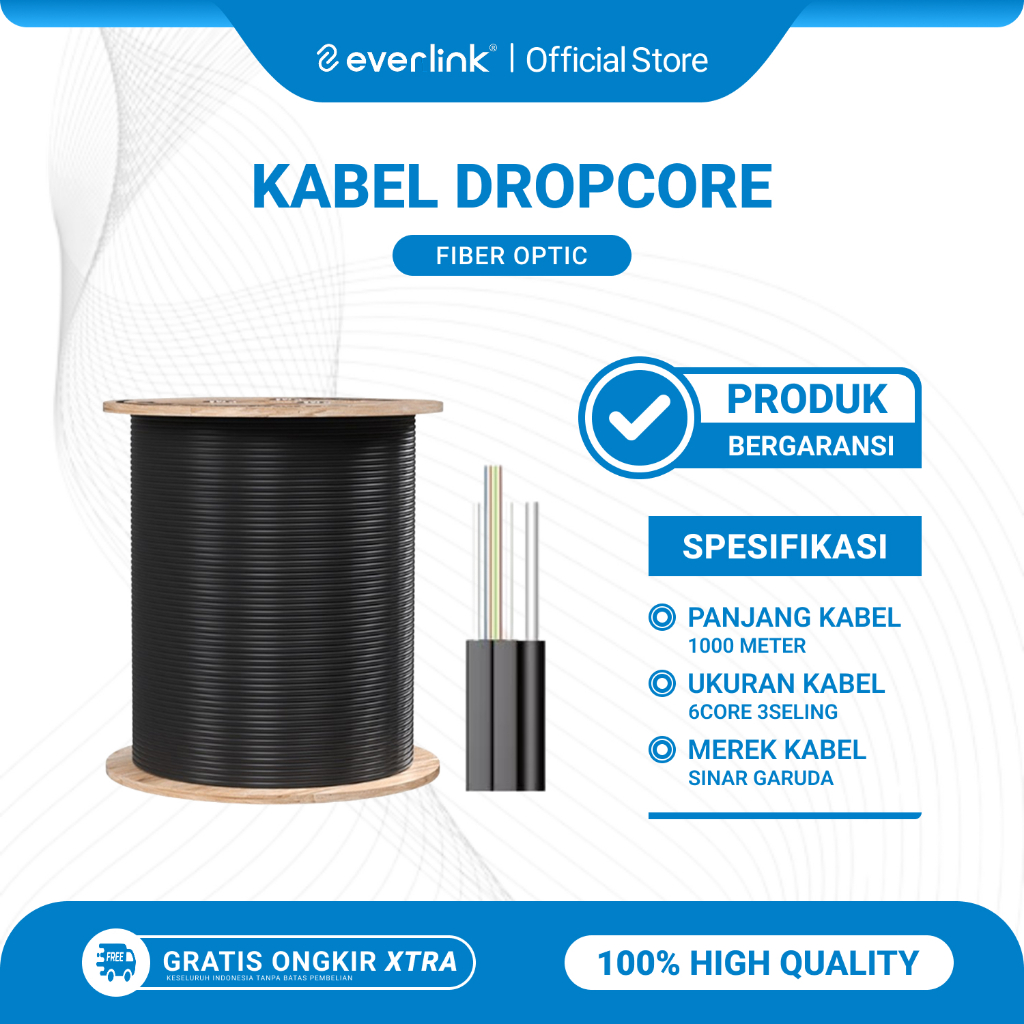 Kabel Dropcore Fiber Optik 6 Core 3 Seling Panjang 1000 Meter Kualitas Tinggi Kelas Terbaik