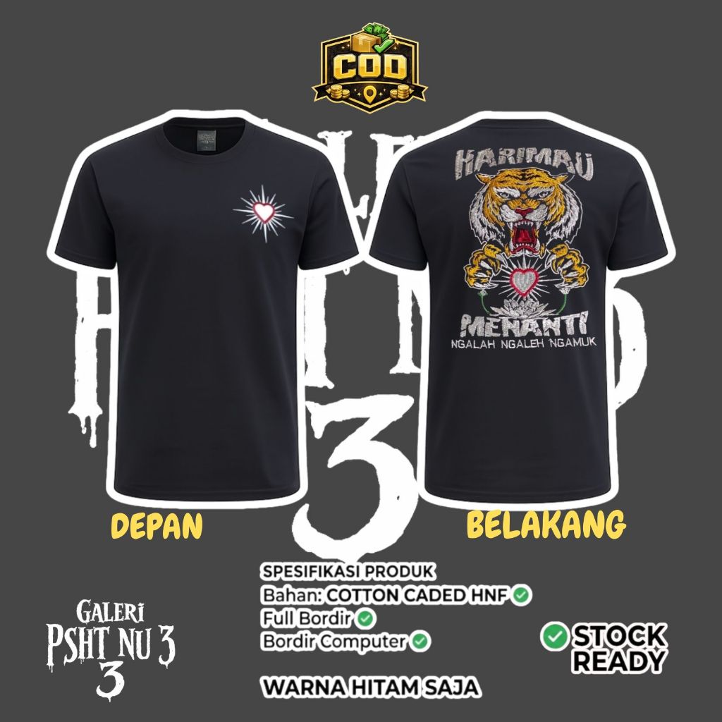 Kaos Warga Psht - Kaos Warga Psht Motif Harimau Menanti Full Bordir - Kaos Hitam