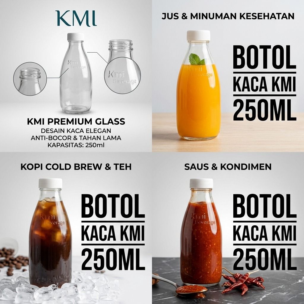 Botol Kaca KMI 250ml Premium - Botol Kopi Cold Brew Jus Susu Saus Sambal Aesthetic - Tutup Segel Ant