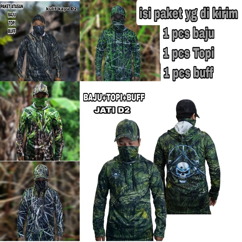 PAKET BAJU CAMO BERBURU BAJU TOPI BUFF MASKER/baju hunting berburu/baju camoflase/baju kamuflase/baj