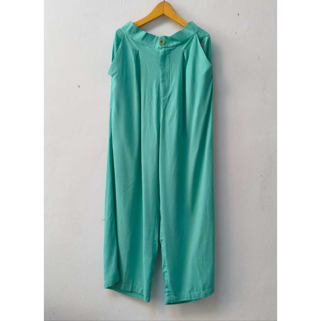 Celana kulot polos katun rayon adem nyaman pinggang belakang karet hijau mint