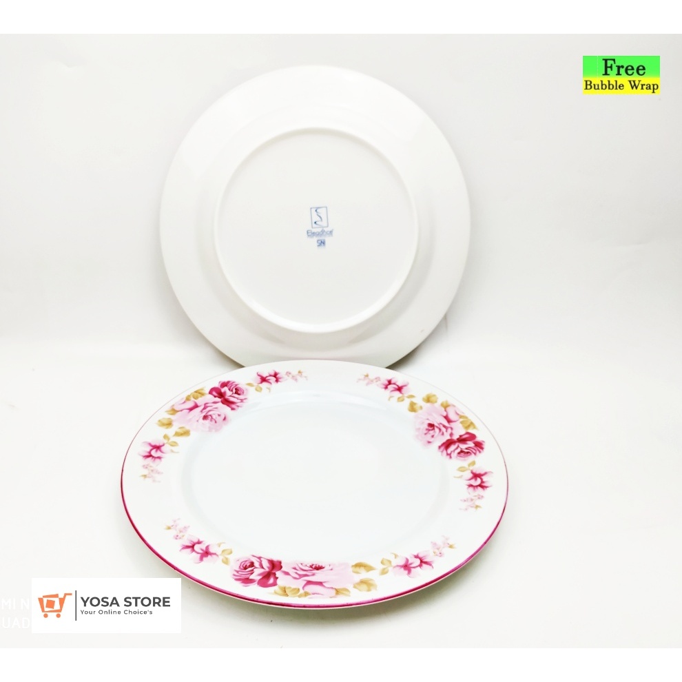 Piring Makan Ceper Keramik Motif Shabby Pink Rossie 9inch - 1 Pcs