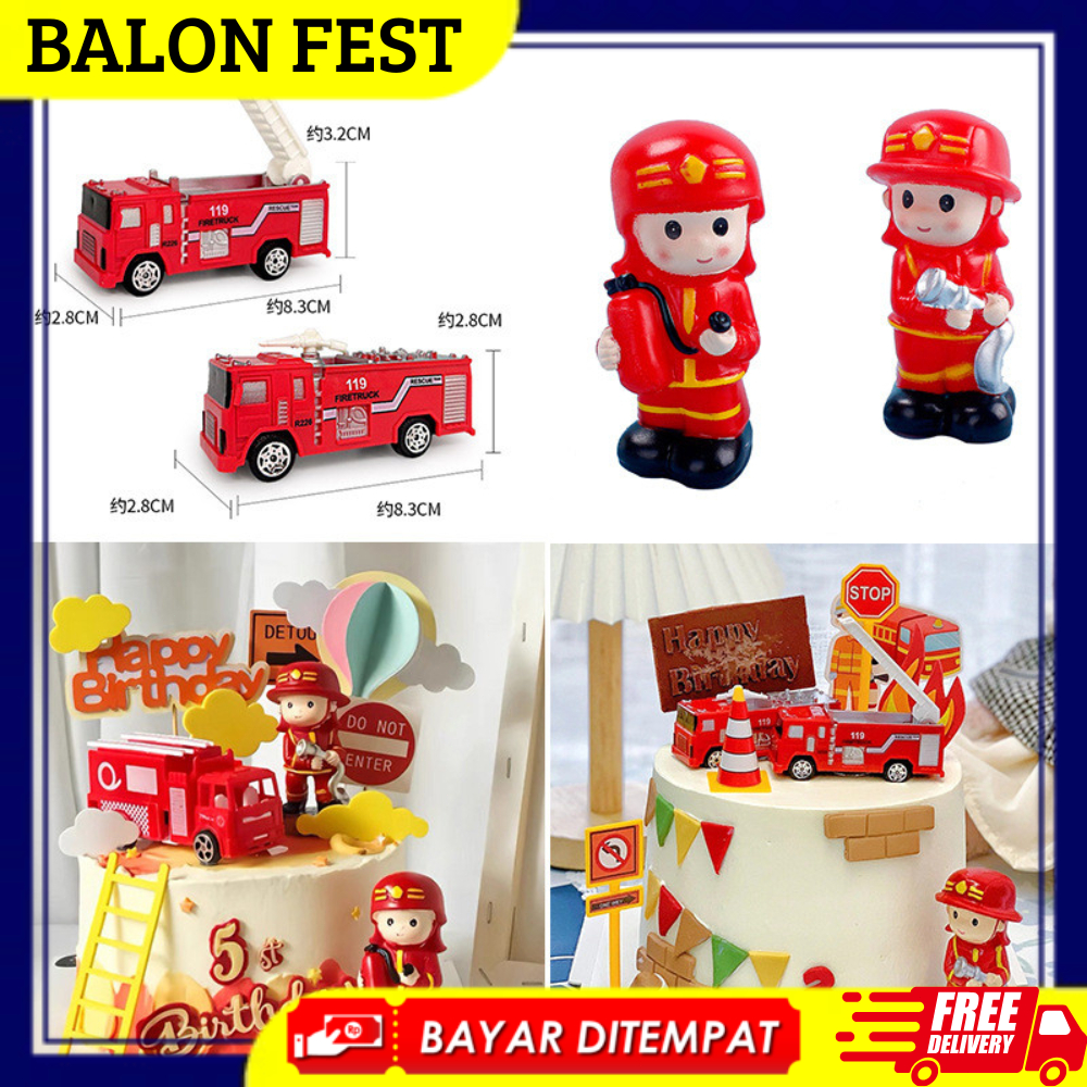 Topper Kue Dekorasi Cake Ulang Tahun Anak Motif Mobil Pemadam Kebaran Fire Fighter Miniatur Untuk Hi
