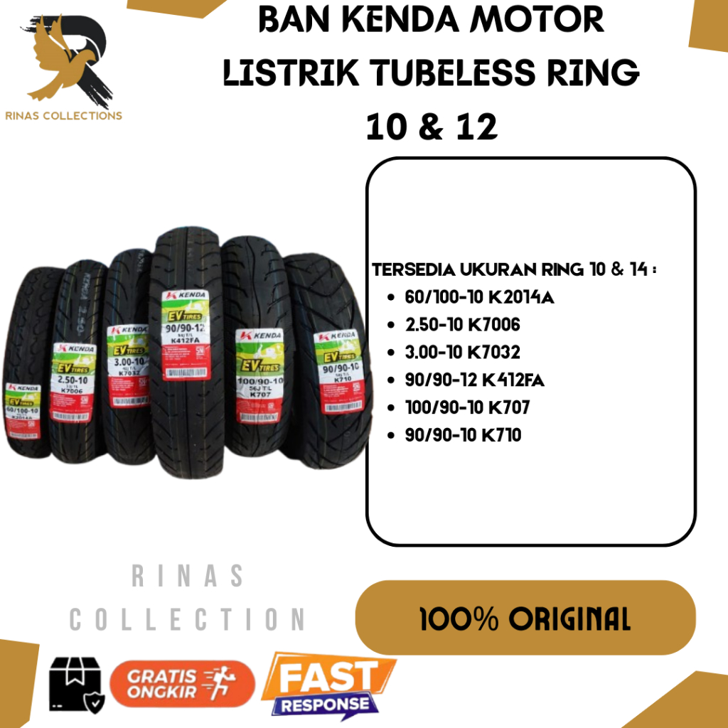 BAN MOTOR LISTRIK TUBELESS KENDA RING 10 DAN RING 12 ORIGINAL MREK KENDA 100%