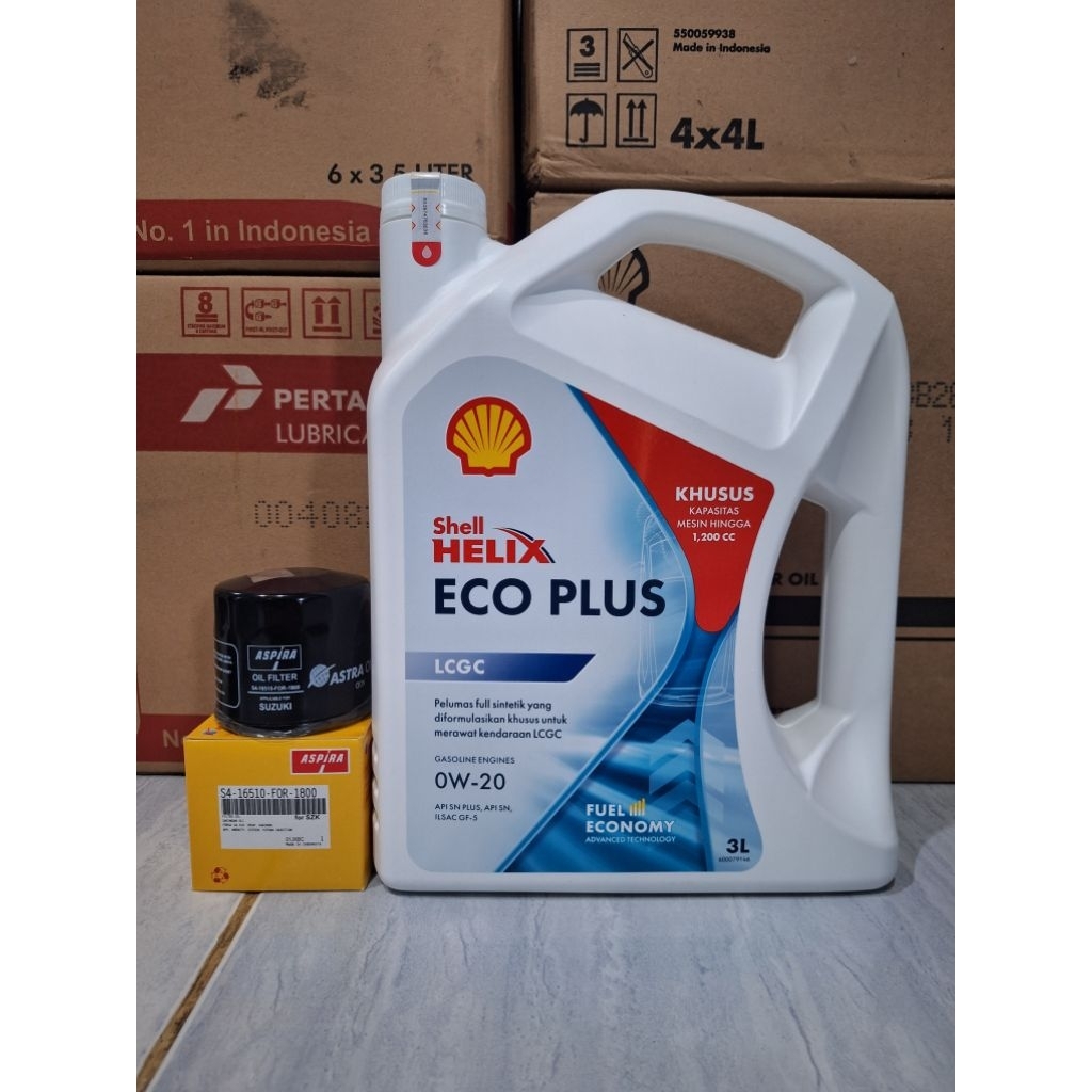 Paket Oli SHELL ECO PLUS 0W-20 3Liter dan filter oli mobil SUZUKI Karimun, spresso, ertiga, XL7, car