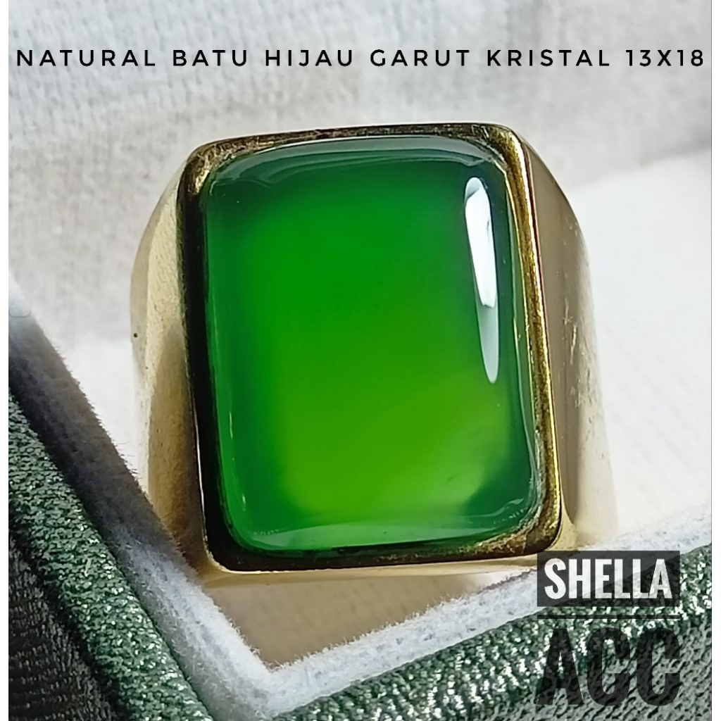 CINCIN BATU AKIK HIJAU GARUT MODEL KOTAK KRISTAL MEWAH