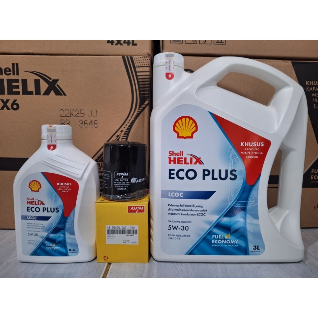 khusus HONDA BRIO,  Paket Oli SHELL ECO PLUS 5W-30 3,5 Liter dan filter oli honda brio