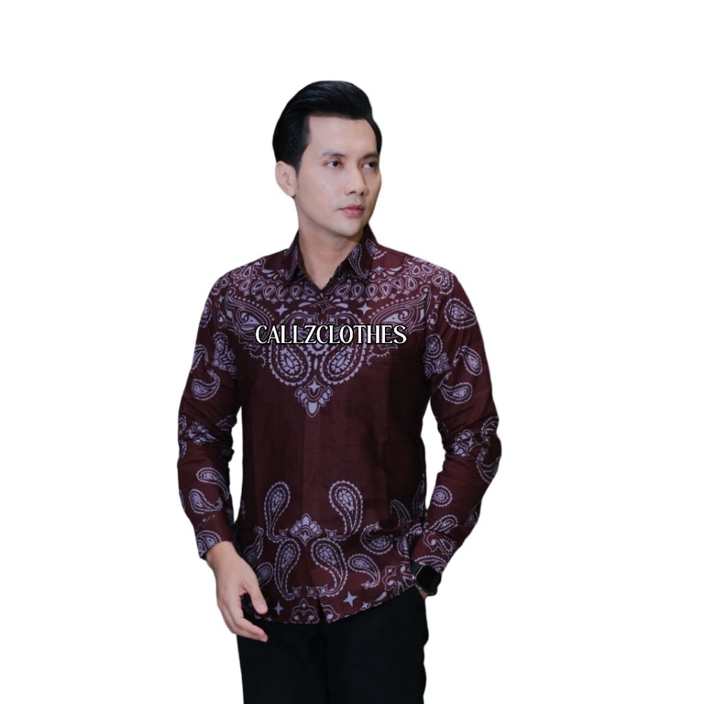 KEMEJA BATIK MOTIF PAISLEY BURGUNDY MERAH MAROON PRIA SLIM FIT LENGAN PANJANG PENDEK ELEGANT ADEM DA