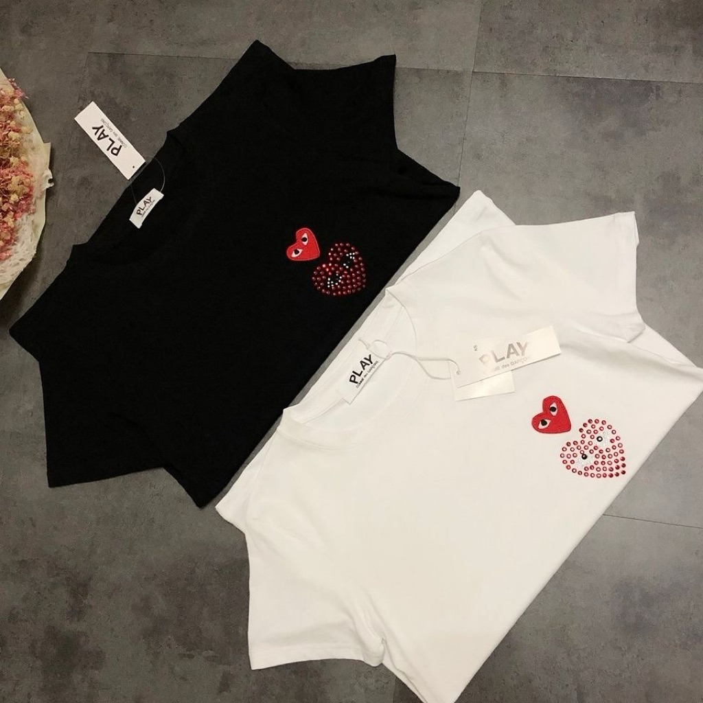 Kaos katun murni bordir cinta ganda CDG berkualitas tinggi BERMAIN kemeja lengan pendek longgar kasu