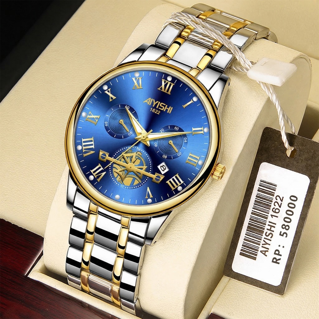 Jam Tangan Pria AIYISHI Original 1622 | Desain Mechanical Tourbillon | Strap Rantai Emas Perak | Tah