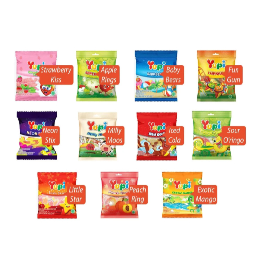 Yupi Permen Jelly 45g | Strawberry Kiss Bear Apple Ring Sour Fun Gum Neon Stix Milly Moo Cola |