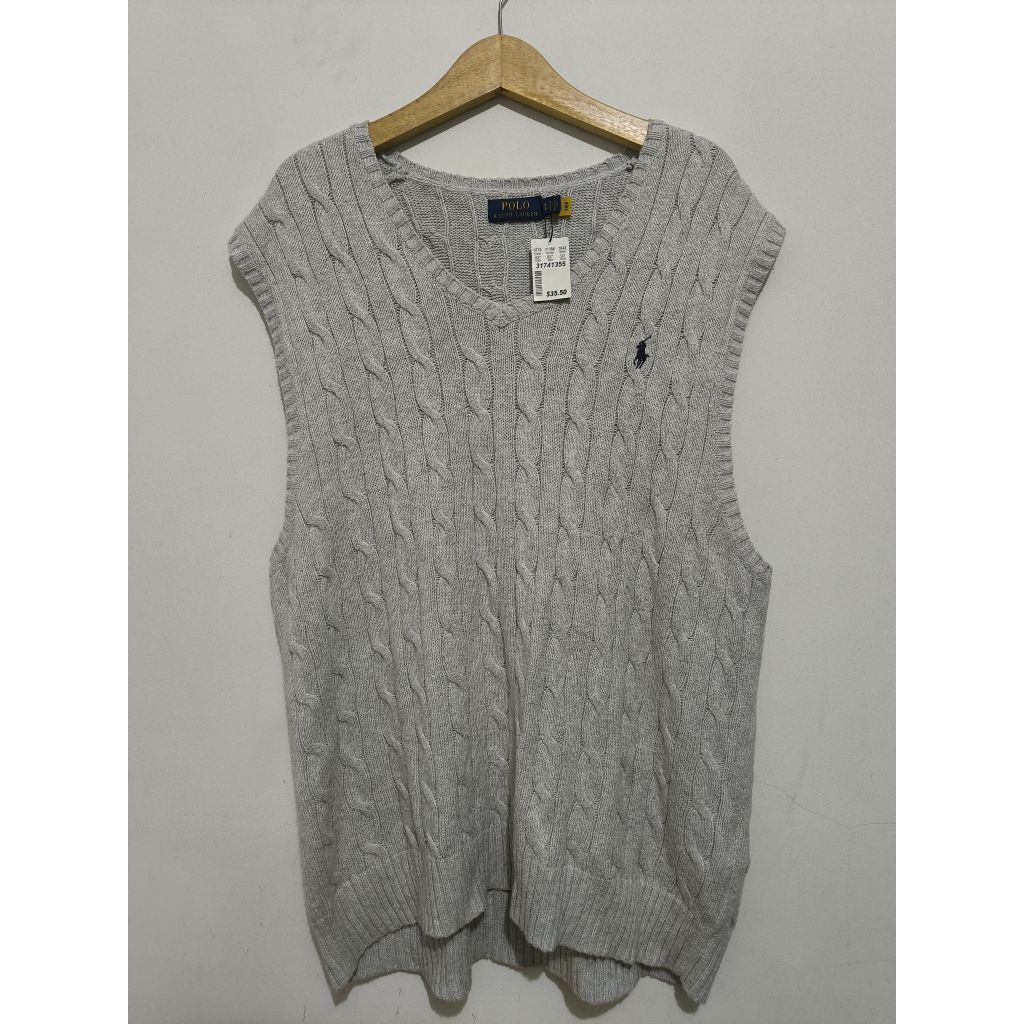 Cable Knit Cotton Sweater Vest BNWT Rajut Kepang by Polo Ralph Lauren Grey XL Oversize