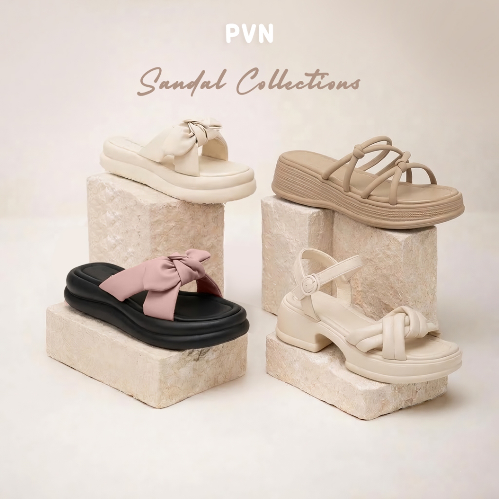 PVN Sandal Tali Wanita Collections Hitam Krem Pink