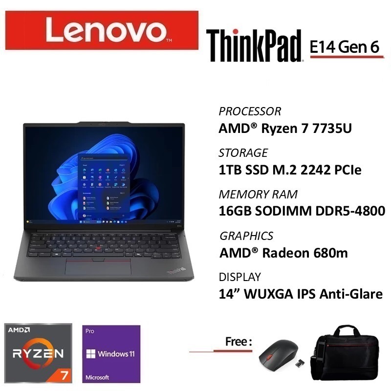 Lenovo ThinkPad E14 Gen 6 AMD Ryzen 7 7735U 16GB 1TB Win11Pro 14" Include Asuransi