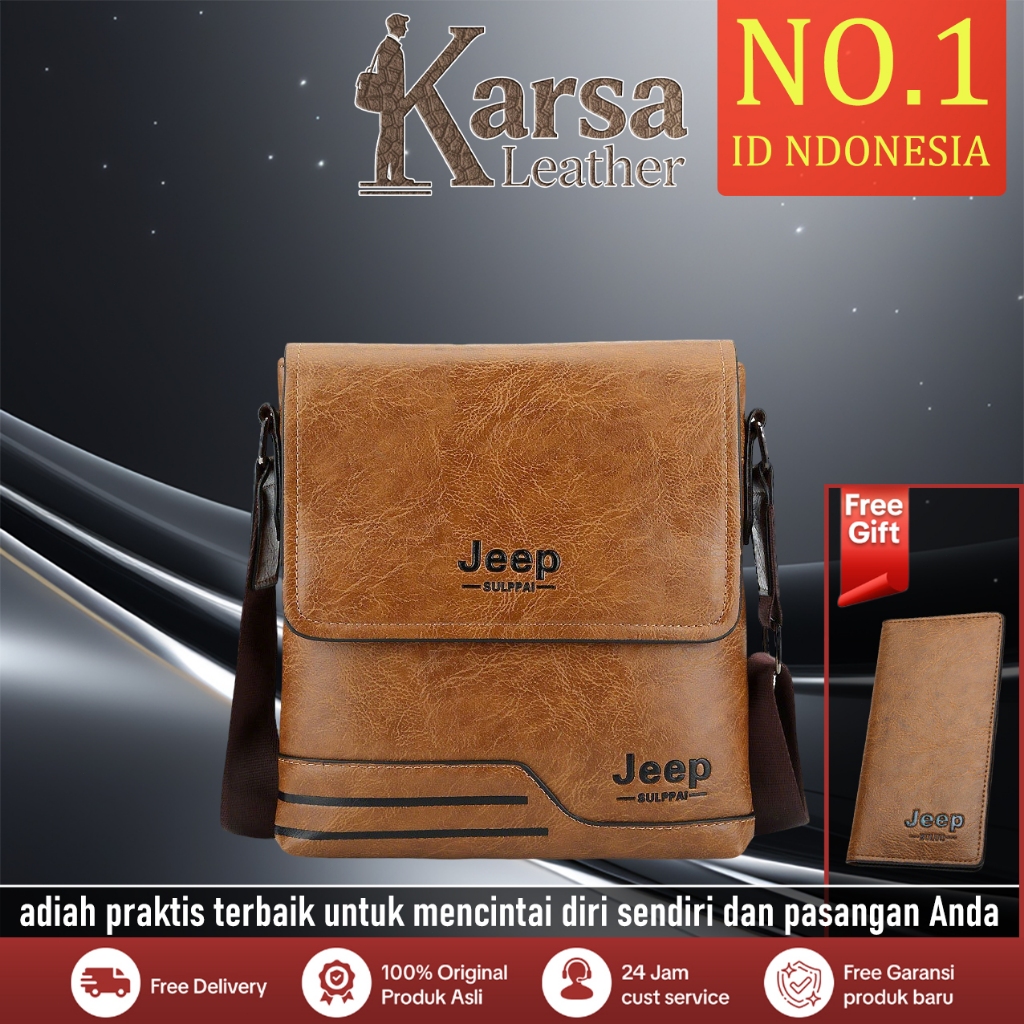 2026 NEW Tas Selempang Jeep Asli Pria Wanita Coklat Bahan Kulit Sintetis Premium Anti Air Anti Malin