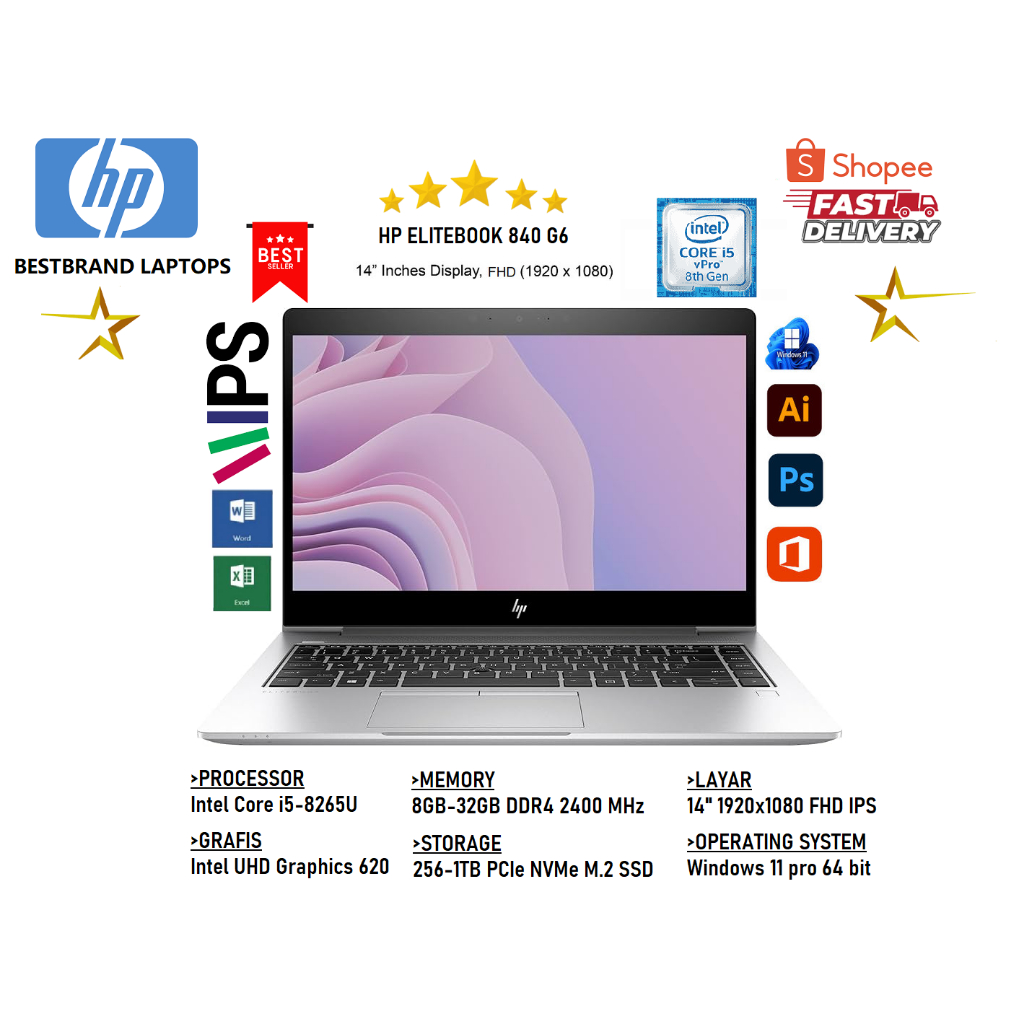 LAPTOP HP ELITEBOOK 840 G5/G6 INTEL CORE I5-8365U 32GB/1TB SSD NVME M.2 PCIe  SIAP PAKAI