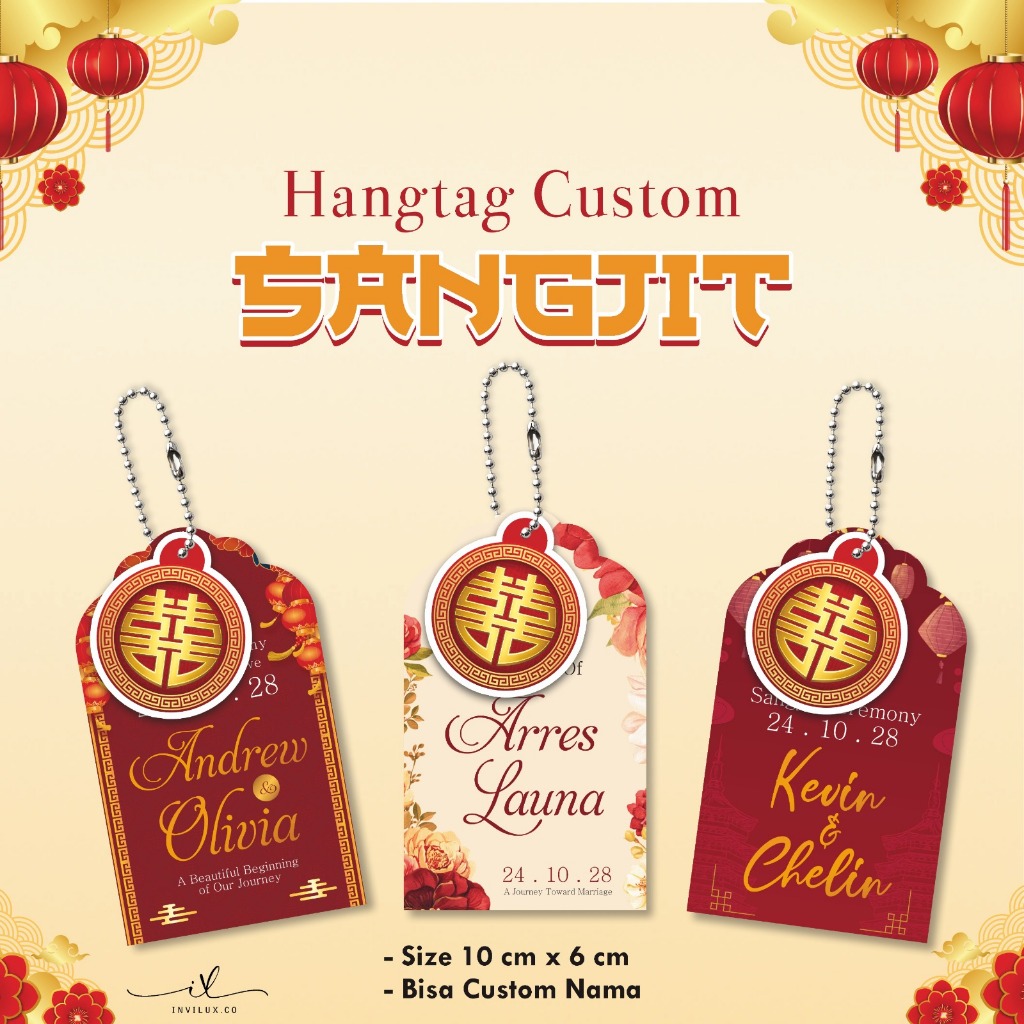 Cetak Hang Tag Sangjit Custom Nama Tag Card Souvenir Lamaran Pernikahan Chinese Wedding Design Elega