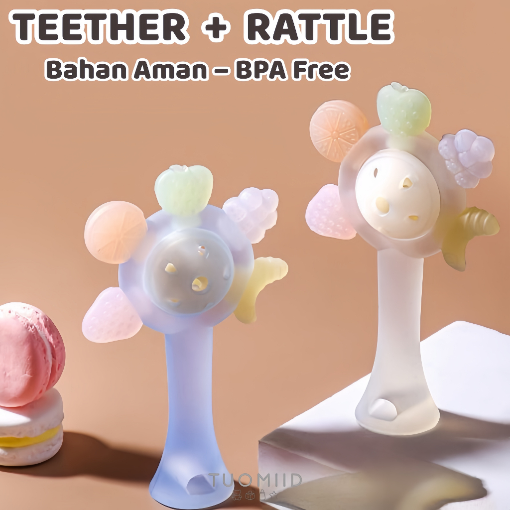 [Tuomiid] Teether & Rattle Bayi 2 in 1 – Silikon Lembut BPA Free | Mainan Gigit + Kerincingan untuk 