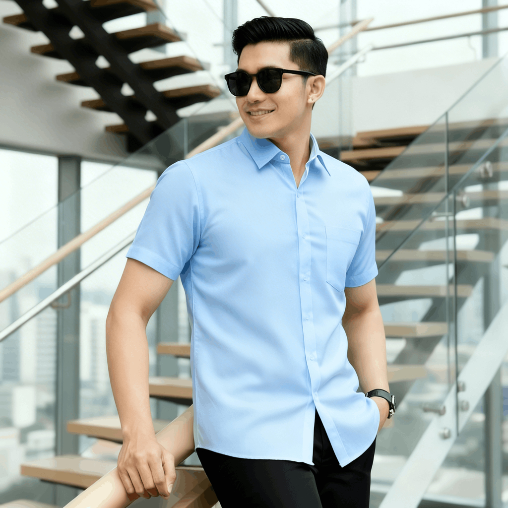 Tangiowild Hem Pria Polos Biru Lengan Pendek Tekstur 3D | Poshboy Leisure Shirt