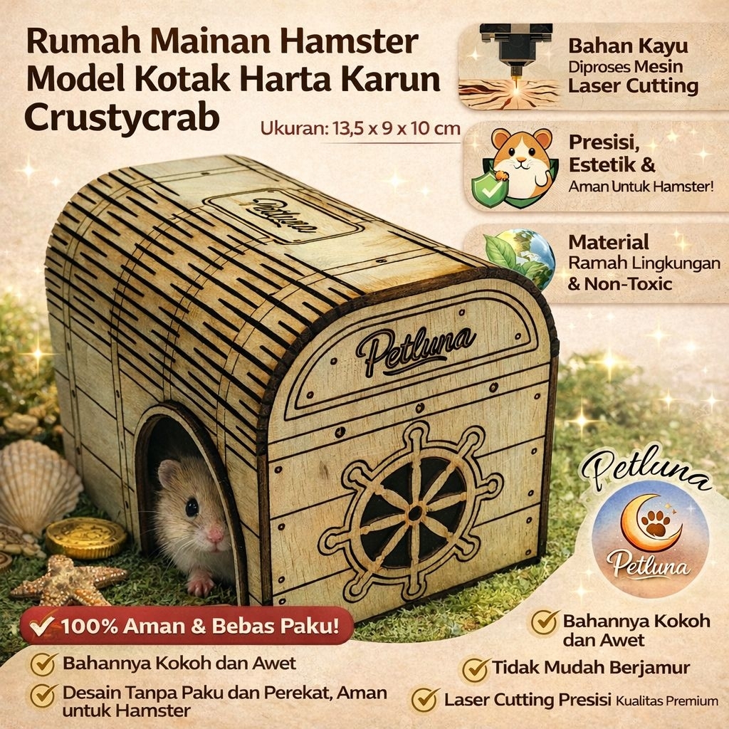 SPESIAL PROMO LEBARAN | Rumah Hamster Kayu Petluna Model Kotak Harta Karun Crustycrab Laser Cutting 