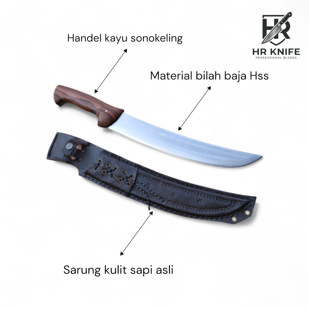 Pisau Sembelih Potong Daging Baja HSS 29cm | Pisau Jagal Tajam | Pisau Daging + Sarung Kulit Asli
