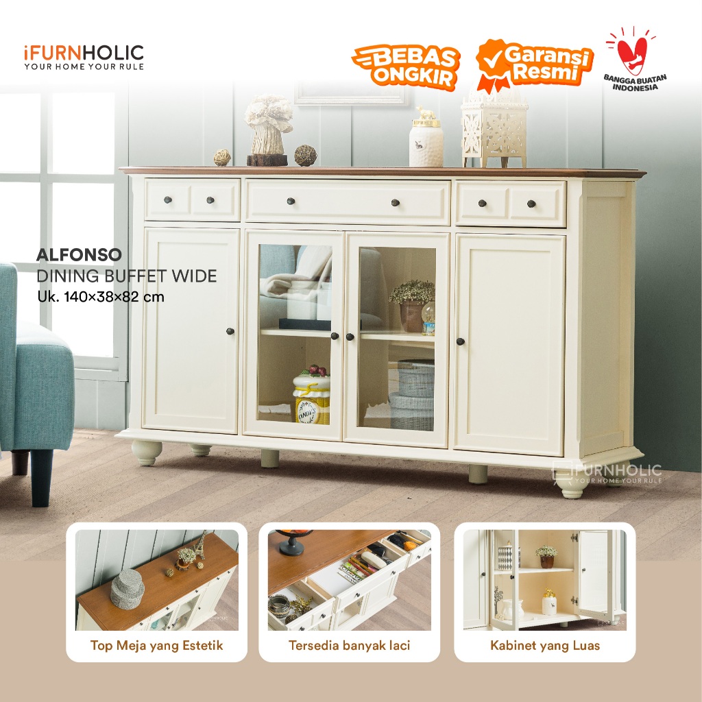 IFURNHOLIC Alfonso Dining Buffet Wide I Lemari Pajangan Kaca I Rak Display Kaca | Lemari Dapur