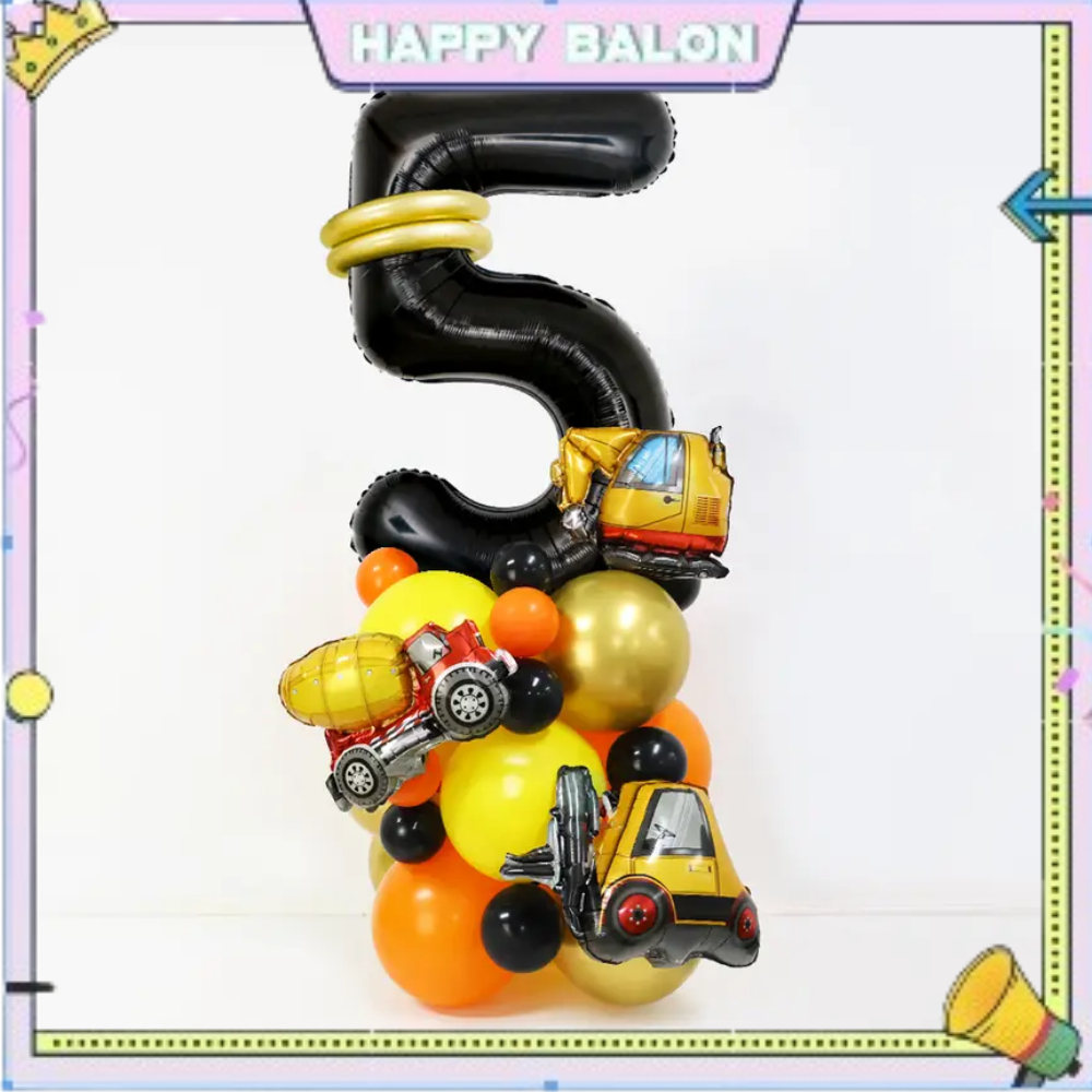 Set Balon Angka Dekorasi Ulang Tahun Tema Kendaraan Konstruksi Paket Balon Isi 28 Pcs Dekorasi Untuk