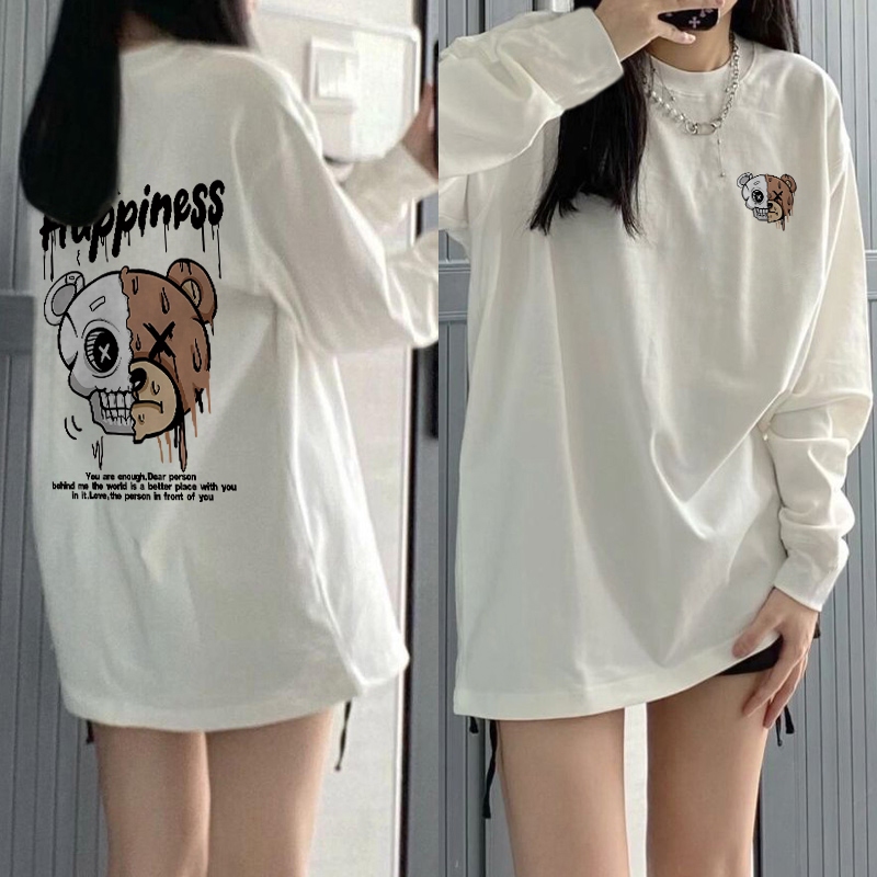 Kaos Oversize Lengan Panjang Wanita Cetakan Retro Street Skull Bear/Baju Kaos Lengan Panjang Wanita 
