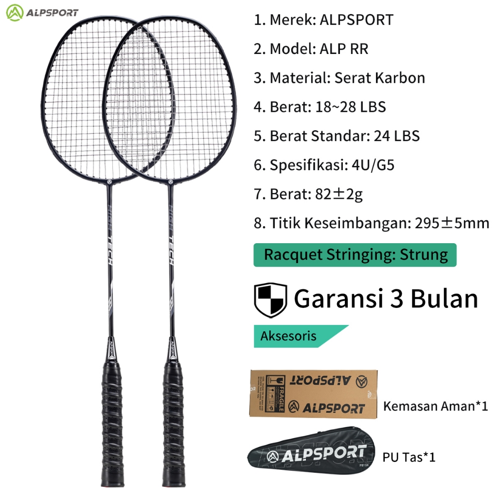 ALPSPORT RR 2Raket + Tas 4U G5 100% Serat Karbon Penuh Desain Asli 22-28Lbs T800 Raket Bulu Tangkis 