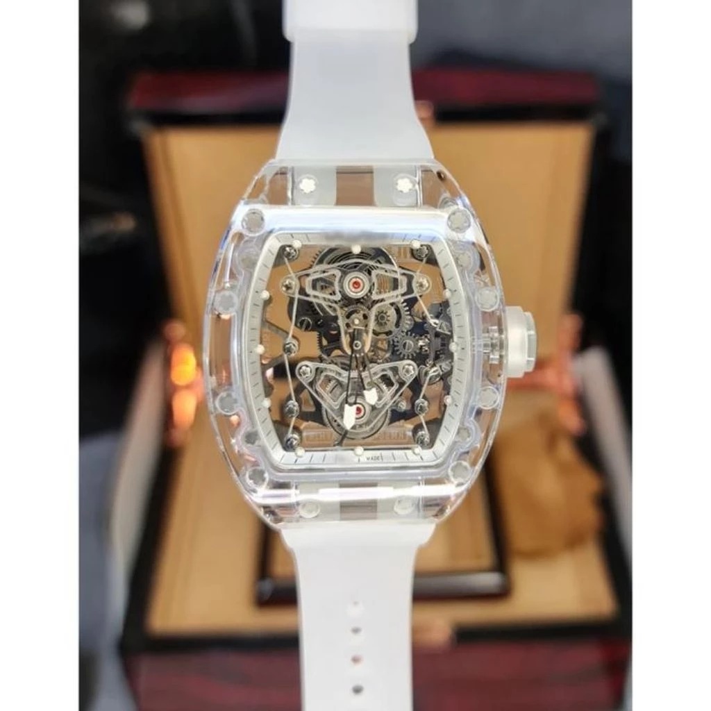 JAM PRIA TERBARU RM56-02 SAPPHIRE TRANSPARANT CASE TURBILLON 44MM WHITE RUBBER STRAP LIMITED