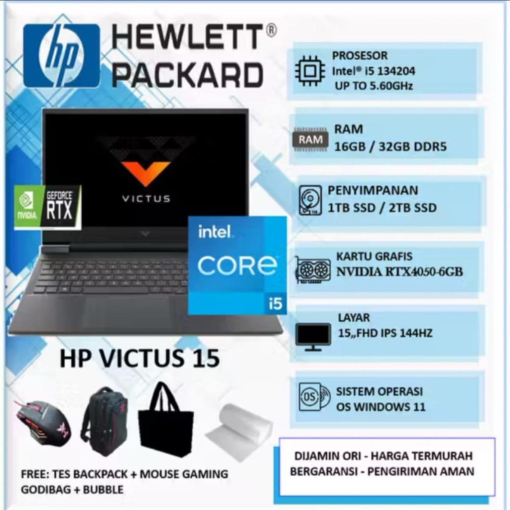 Laptop Gaming Editing Victus Hp15 GeForce RTX4050 ddr4