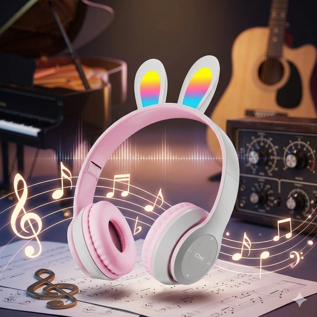 Headphone Wireless Telinga Kelinci Bluetooth V5.3 Headset Full Bass Stereo LED RGB Rabbit Ear Stereo