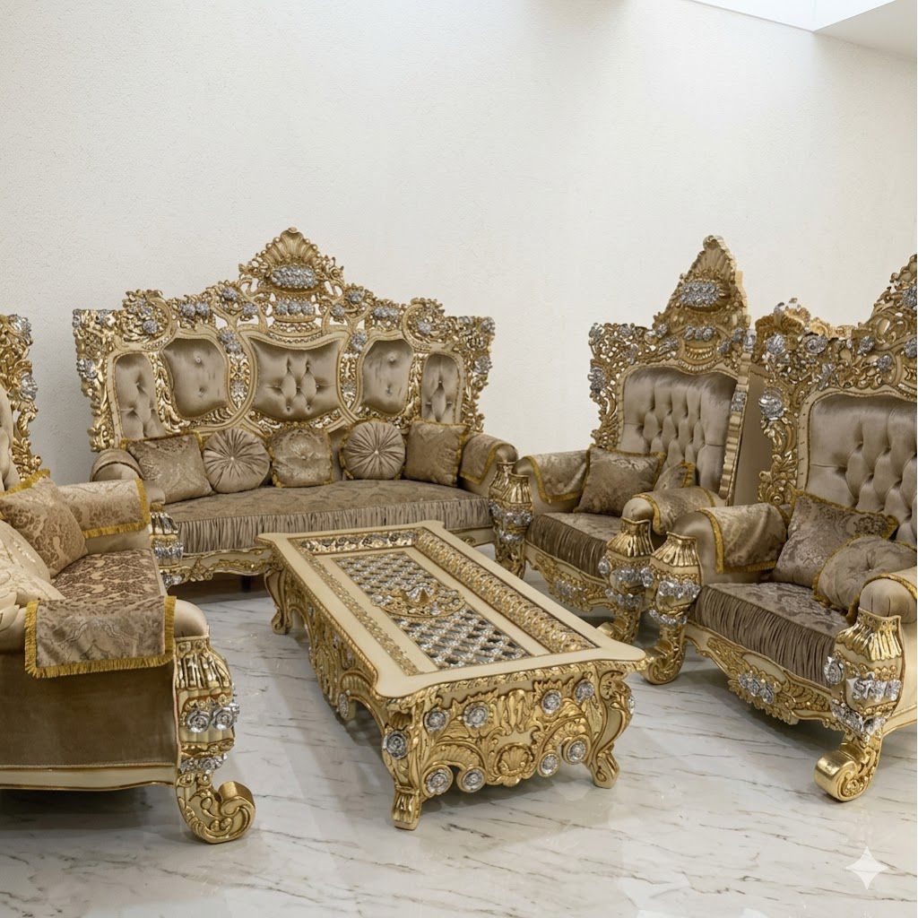 Set Kursi Tamu Mewah Sultan Aladin Terlaris Sofa Tamu Jumbo Kayu Jati Warna Gold Terbaik