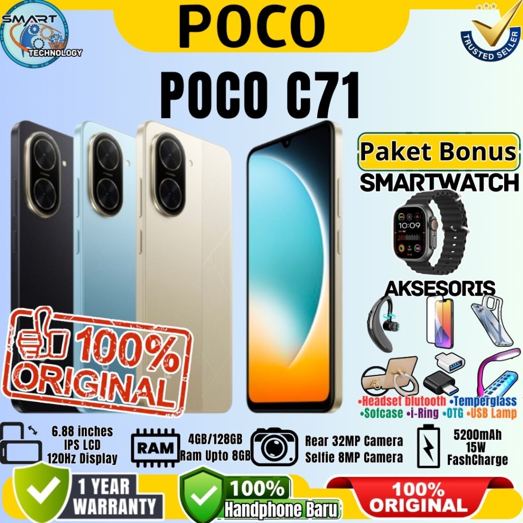 Hp Poco C71 [ 4/128GB ] 6.88 inches 120Hz Display Baru Garansi Resmi 100% Original