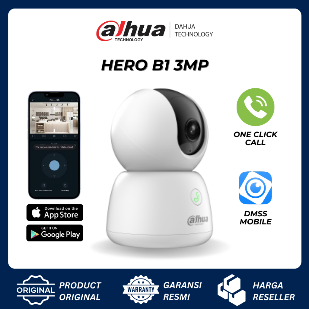 DAHUA HERO B1 3MP DH-H3B TOMBOL TELPON WIFI CAM INDOOR BABYCAM IPCAM CCTV PT 360 PAN & TILT - ORIGIN