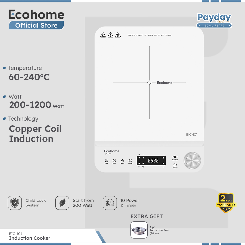 ECOHOME Induction Cooker EIC101 Kompor Induksi Low Watt with Durable Crystal Glass Screen