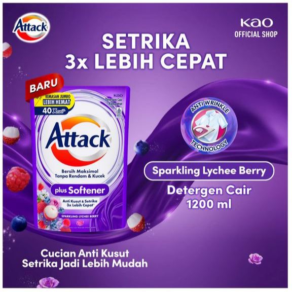 Attack Plus Softener Deterjen Cair Liquid Sparkling Lychee Berry Pouch 1200 ml