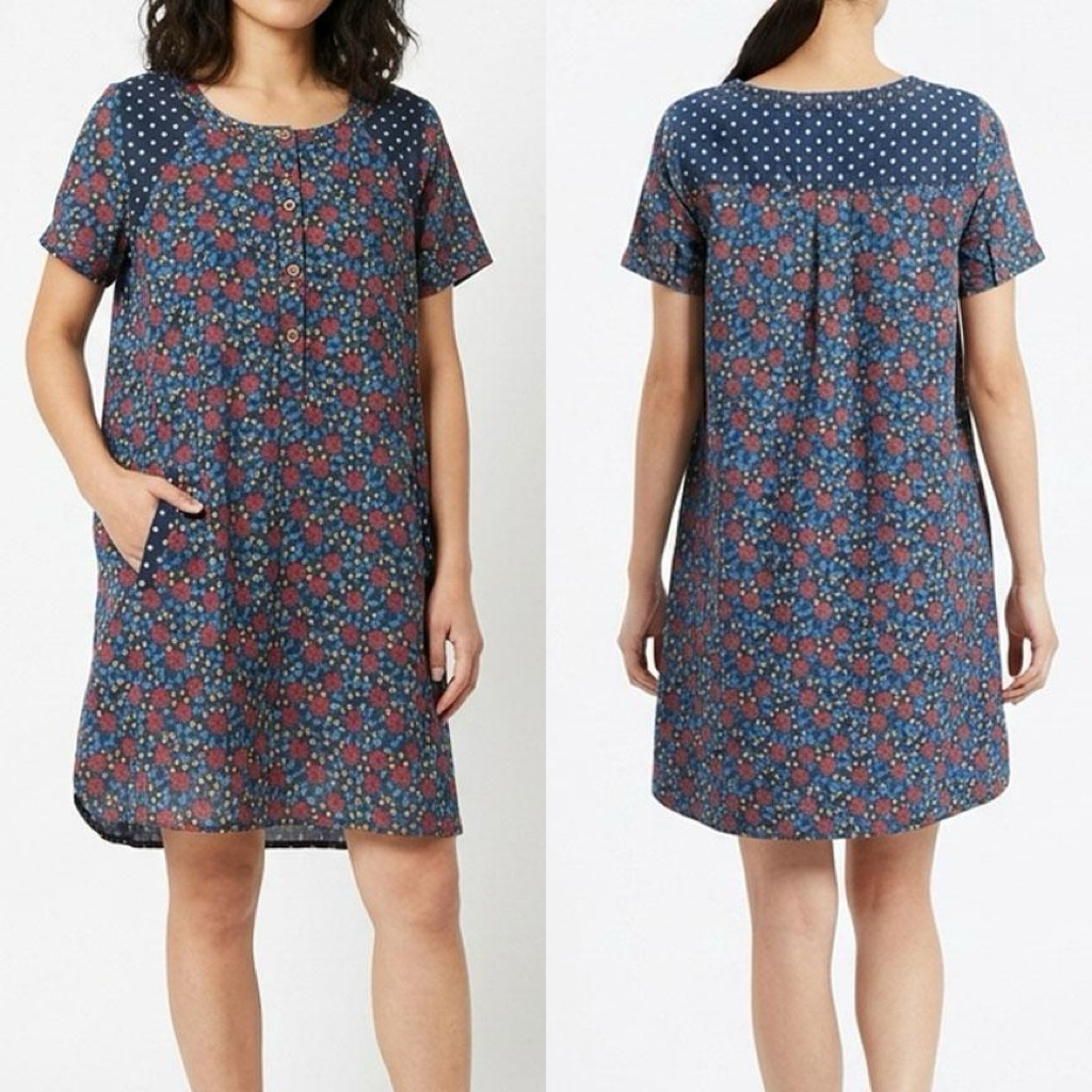 MINI DRESS SOFT JEANS DENIM BIRU TUA BUNGA PANEL POLKA DOT KOREA IMPORT