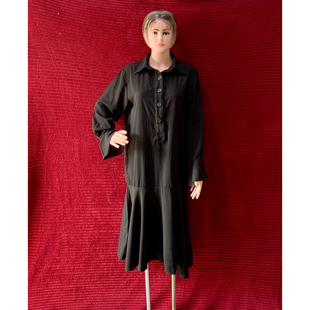 DRESS HITAM TUNIK WANITA ELEGANT LOOK | RUFFLE LENGAN PANJANG | KANCING DEPAN KEKINIAN POLOS