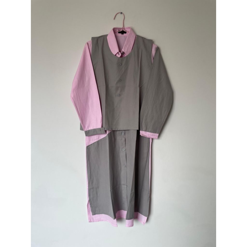 Setelan Set 3in1 Dress Gamis Longdress Flanel Midi Inner Abu Pink Outer Vest Abu Muslim Hijab Polos 