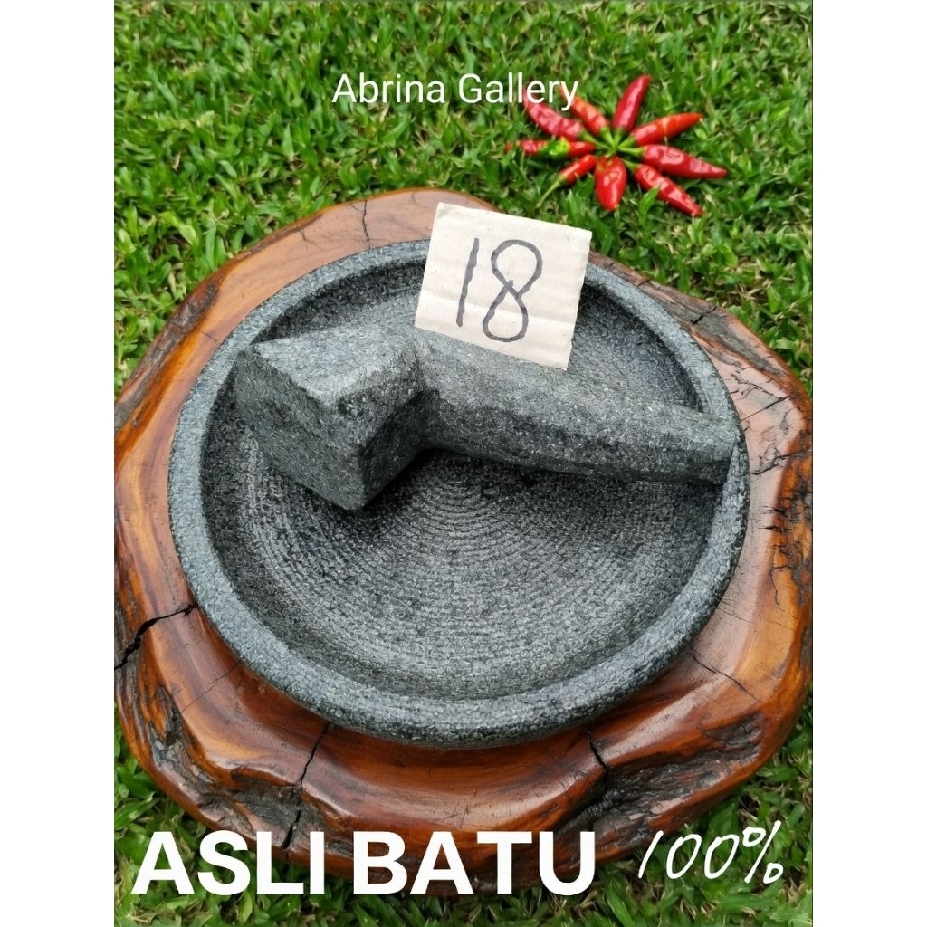Cobek Batu Asli Gunung Ukuran 18cm dengan Ulekan - Anti Karat, Anti Jamur, Kuat, Anti Luntur, dan Ta