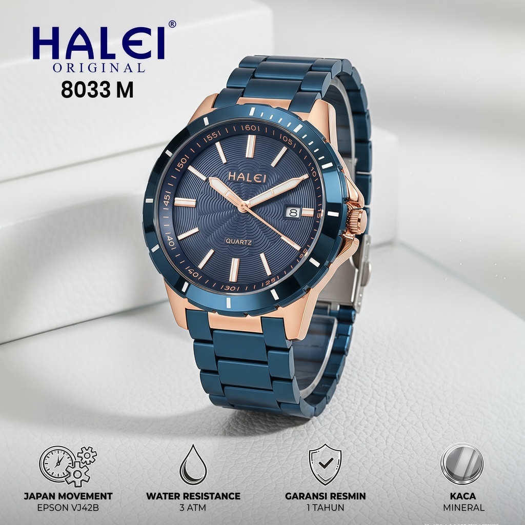 HALEI IND 8033 M - Bergaransi Jam Tangan Pria Halei Original Analog Fashion  Mewah Rantai Stainles A