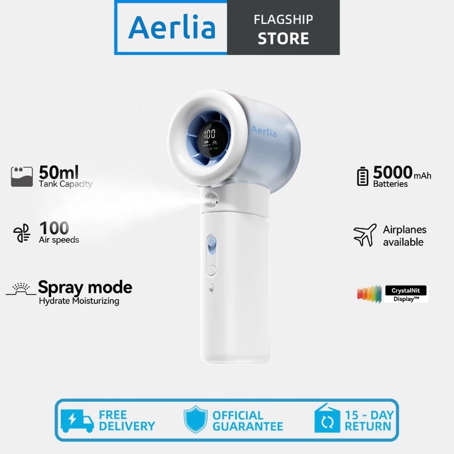 Baterai 5000 mAh daya tahan lama  Aerlia Kipas angin  Handheld Fan  Mist High-speed Handheld Spray F