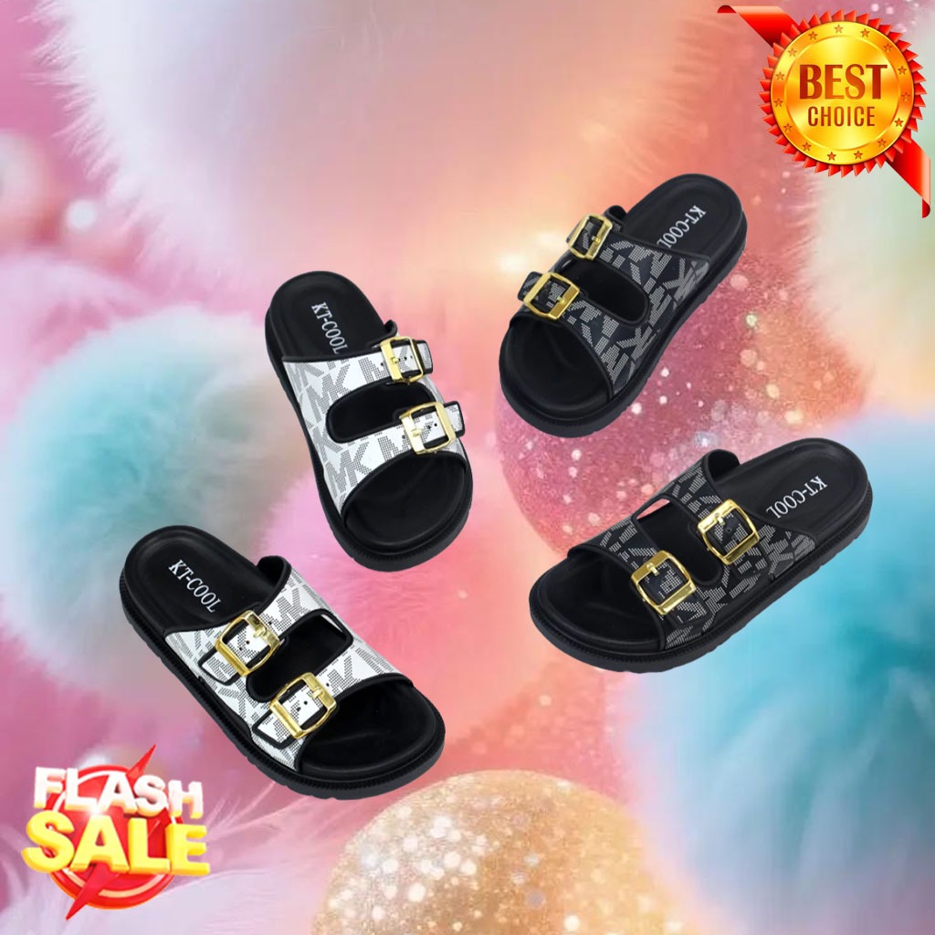 Hot - YUTU Sandal Slop Wanita Remaja Kancing Emas PVC Sandal Kasual Wanita Impor Jelly Karet Gesper 