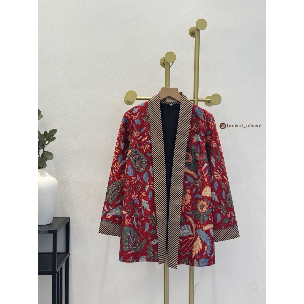 Batikid Official - Ruby Sekar Outer - Cardigan Batik Wanita Merah Kombinasi Lurik Premium
